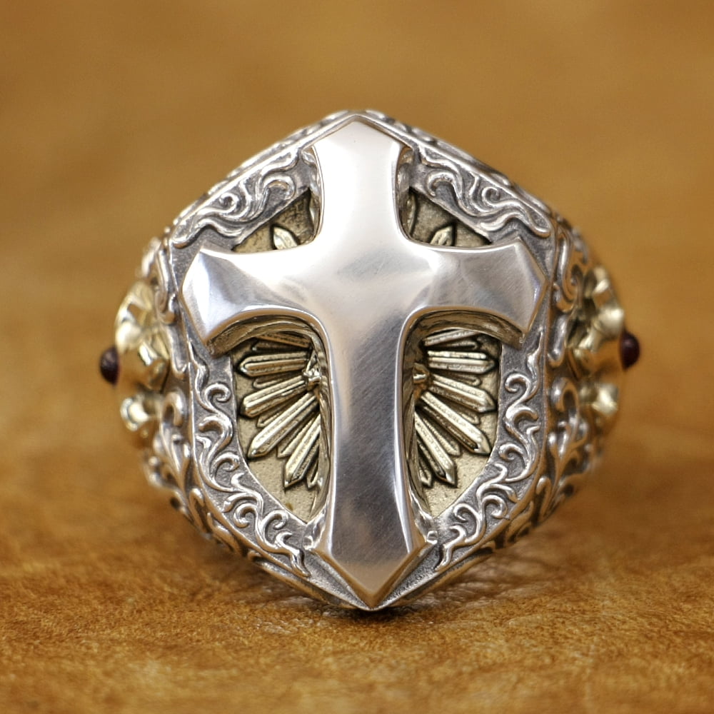 Brass Cross Shield 925 Sterling Silver Huge Cross Ring TA470 US