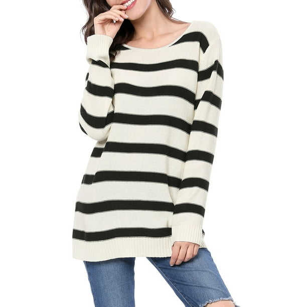 SUÉTER TUNIC DE RAYAS LARGAS DE MANGA CAÍDA Y CUELLO REDONDO PARA MUJERES CHIC INSPIRADORAS 2XL BLANCO