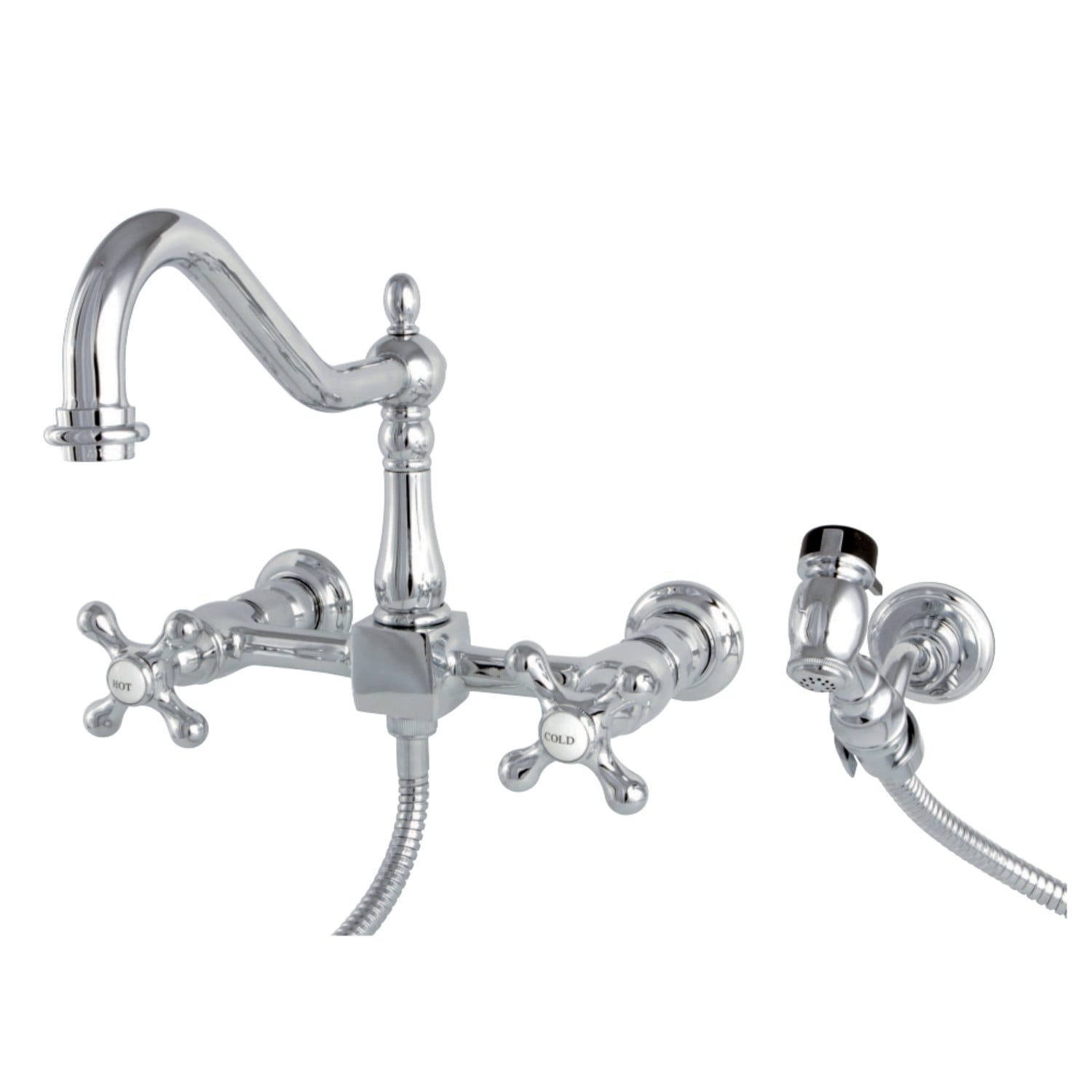 Kingston Brass KS1241AXBS Heritage 8 in. Wall Mount Kitchen Faucet with Brass Sprayer, Polished Chrome