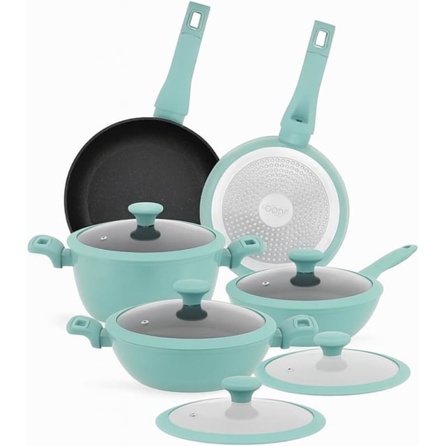 Batería de Cocina Ready Cook Aluminio Antiadherente Tipo Mármol Tapa con válvula de Vapor 10 pzas