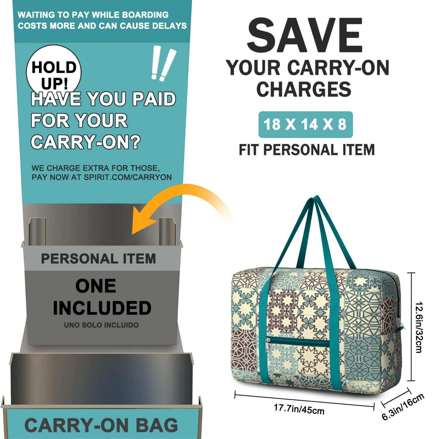 For Spirit Airlines Personal Item Bag 18x14x8 Inch, Boho Weekender Travel Bag, Foldable Travel Duffel Bag Underseat Carry on Bag with Luggage Sleeve for Women and Men 30L