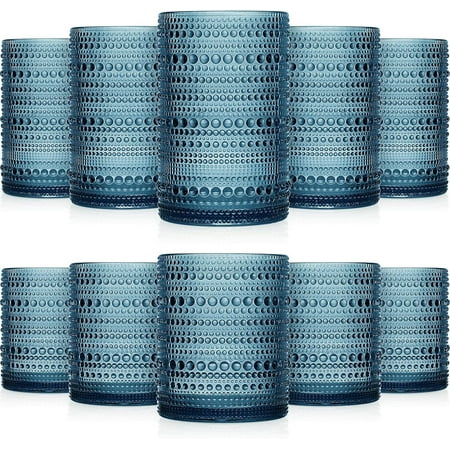 12 Count Hobnail Drinking Glasses Set Vintage Glassware Old Fashioned Beverage Glasses Bubble Cocktail 14 oz, Rocks Glass Cup 11 oz Water Elegant (Cornflower Blue)