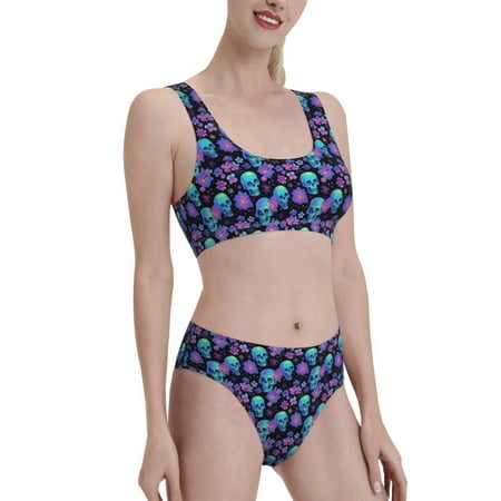 Uemuo purple flower blue Skull Printed Women s High Waisted Bikini Sets Sporty Two Piece Swimsuits Color Block Cheeky High Cut Bathing Suits-Small