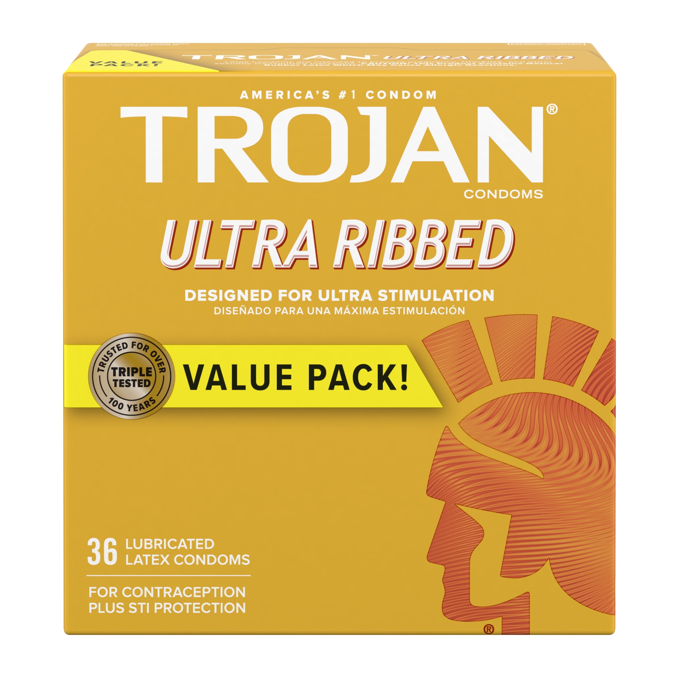 Trojan Ultra Ribbed Premium Latex Lubricated Thin Condoms for Men, 36 Count