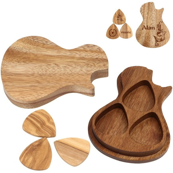 3Pcs Wooden Guitar Picks with Box Holder, DIY Guitar Picks with Case, Personalized Wood Guitar Gift for Guitar Player Dad Boyfriend Girlfriend