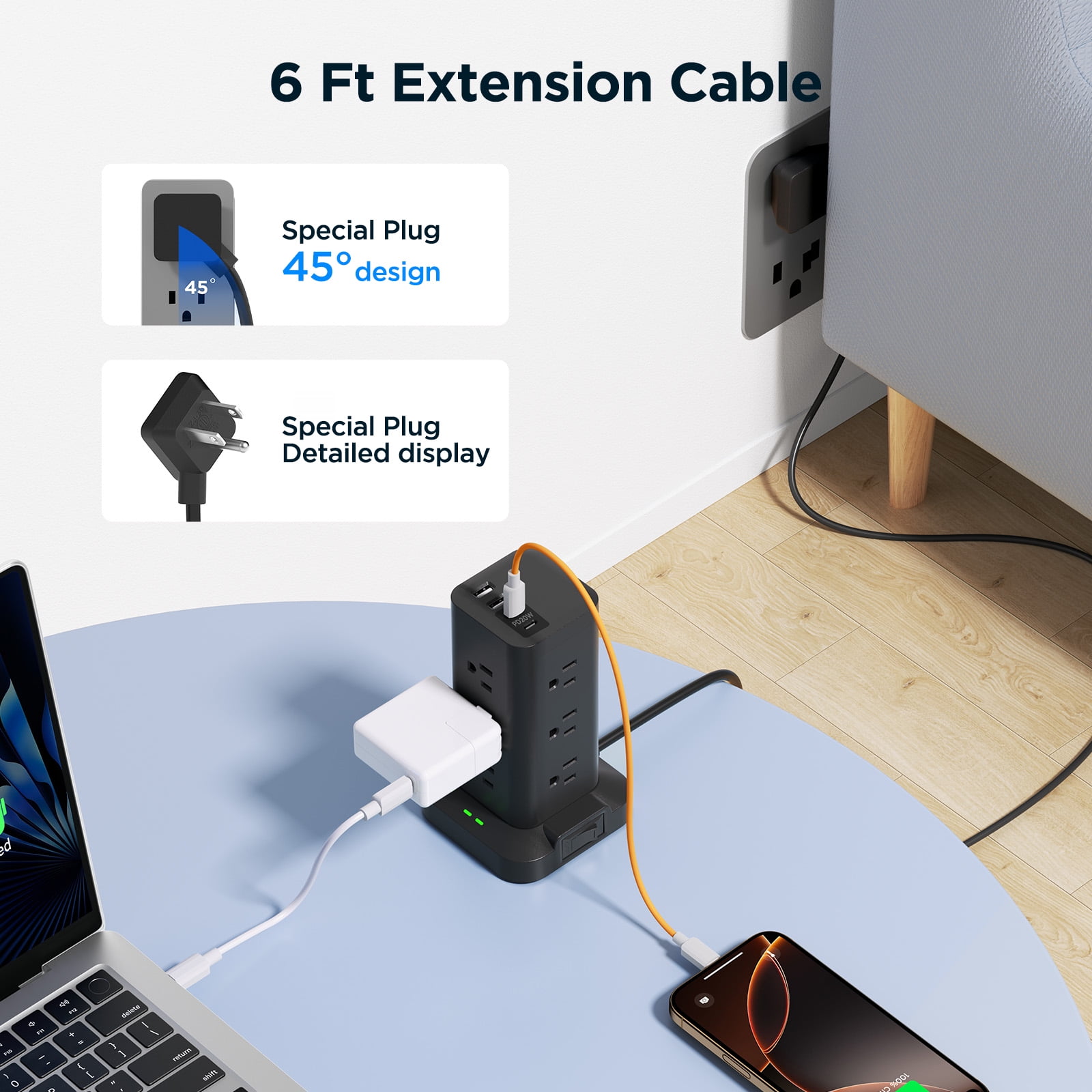 Aioneus Power Strip Tower Surge Protector with 12 Outlets and 4 USB (2 USB C + 2 USB A Ports) 6 FT Extension Cord, Black (2Pack)