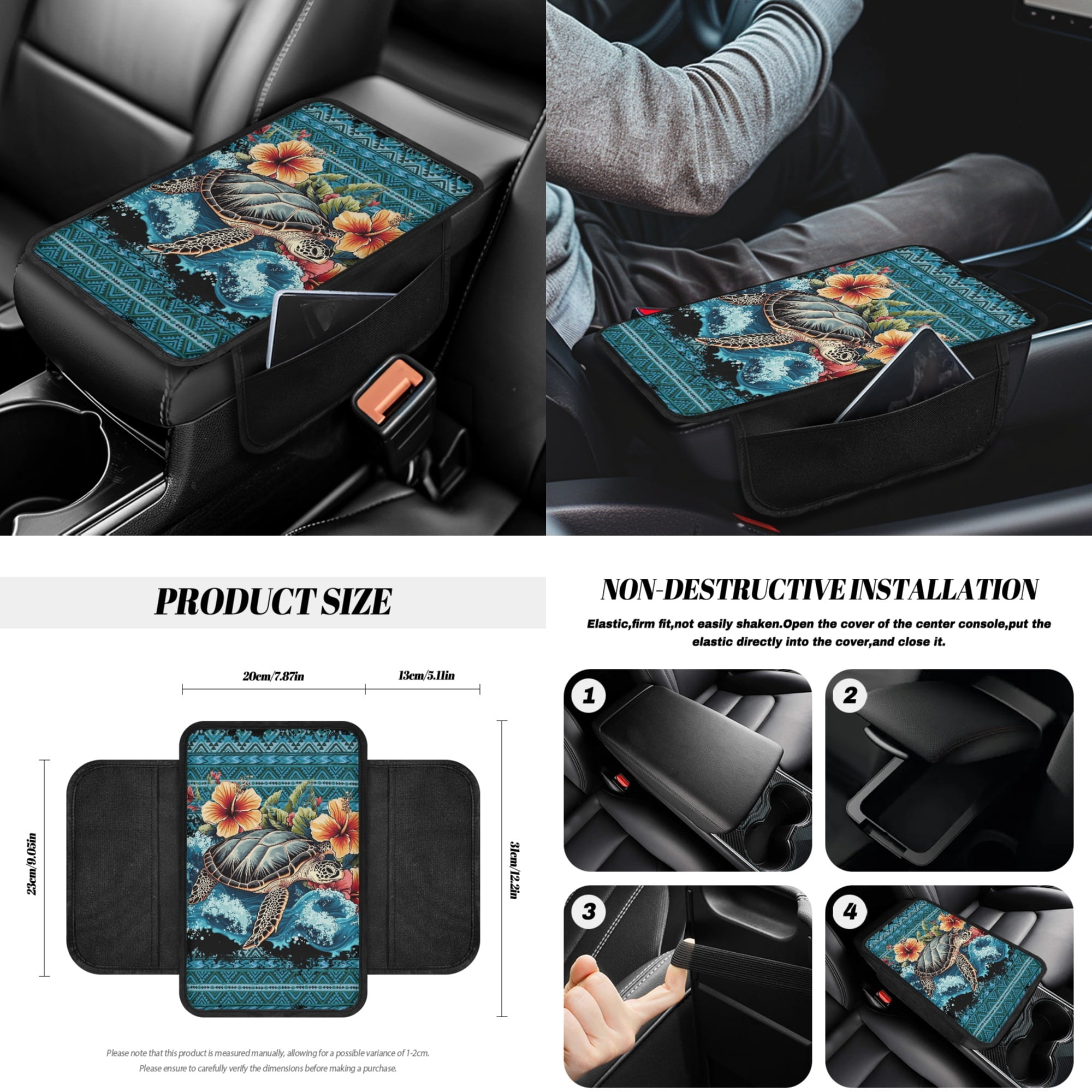 Jeiento Sea Turtle 14 Pcs Car Accessories Set Front Rear Seat Covers Car Seat Belt Pad Trash Bin Steering Wheel Protector Coaster Armrest Pad Gear Shift Cover Aztec Rearview Mirror Cove