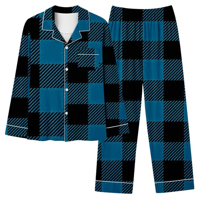 FAIWAD Pyjama à Carreaux à Manches Longues pour Femme, Ensemble Chemise à Col à Revers Boutonnée à Manches Longues avec Pantalon à Jambe Grand