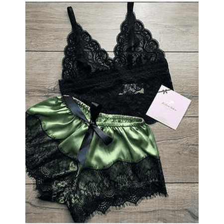

Puloru Women Sexy Lingerie Lace Trim Sleeveless Strap Top and Shorts Pajama