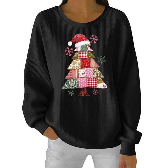 Women's Christmas Print Hooded Long-Sleeved Crew Neck Sweatshirt with Fluted Stitching and Pullover