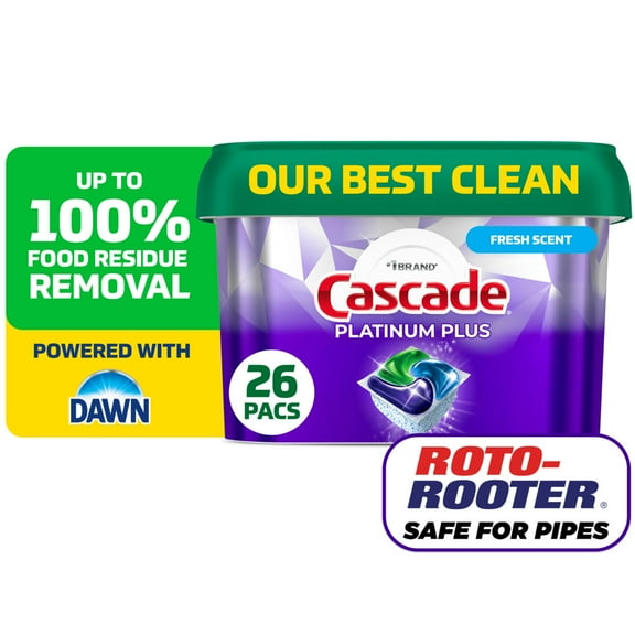 Cascade Platinum Plus Dishwasher Pods, Dishwasher Detergent Soap Tabs, Fresh, 26 Count