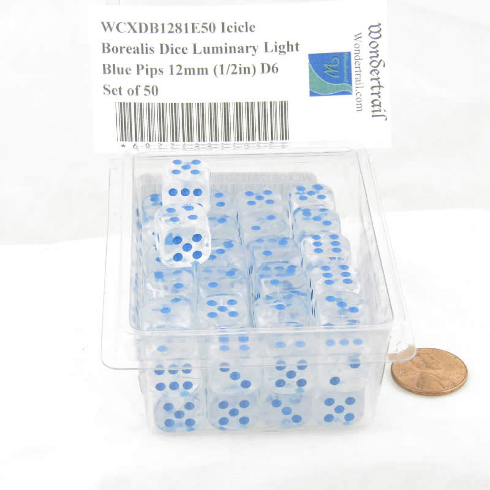 Icicle Borealis Dice Luminary with Light Blue Pips 12mm (1/2in) D6 Set of 50 Wondertrail