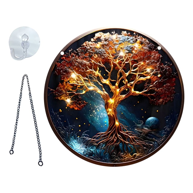 Adorno colgante para ventana Árbol de la Vida | Atrapasueños prismático | Disco redondo de acrílico para decoración de porches, hogar y jardín | Colgante decorativo de 15 cm con cadena y gancho