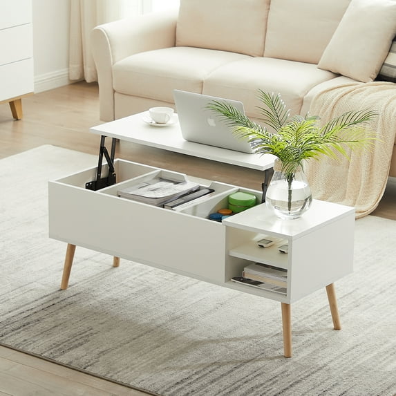 Coffee Table with Storage Shelves, Wood Storage Cabinet Table with lift Desk Top, Wood Legs and Large Storage Space for Living Room Bedroom, Easy Assembly, Space Saving, White