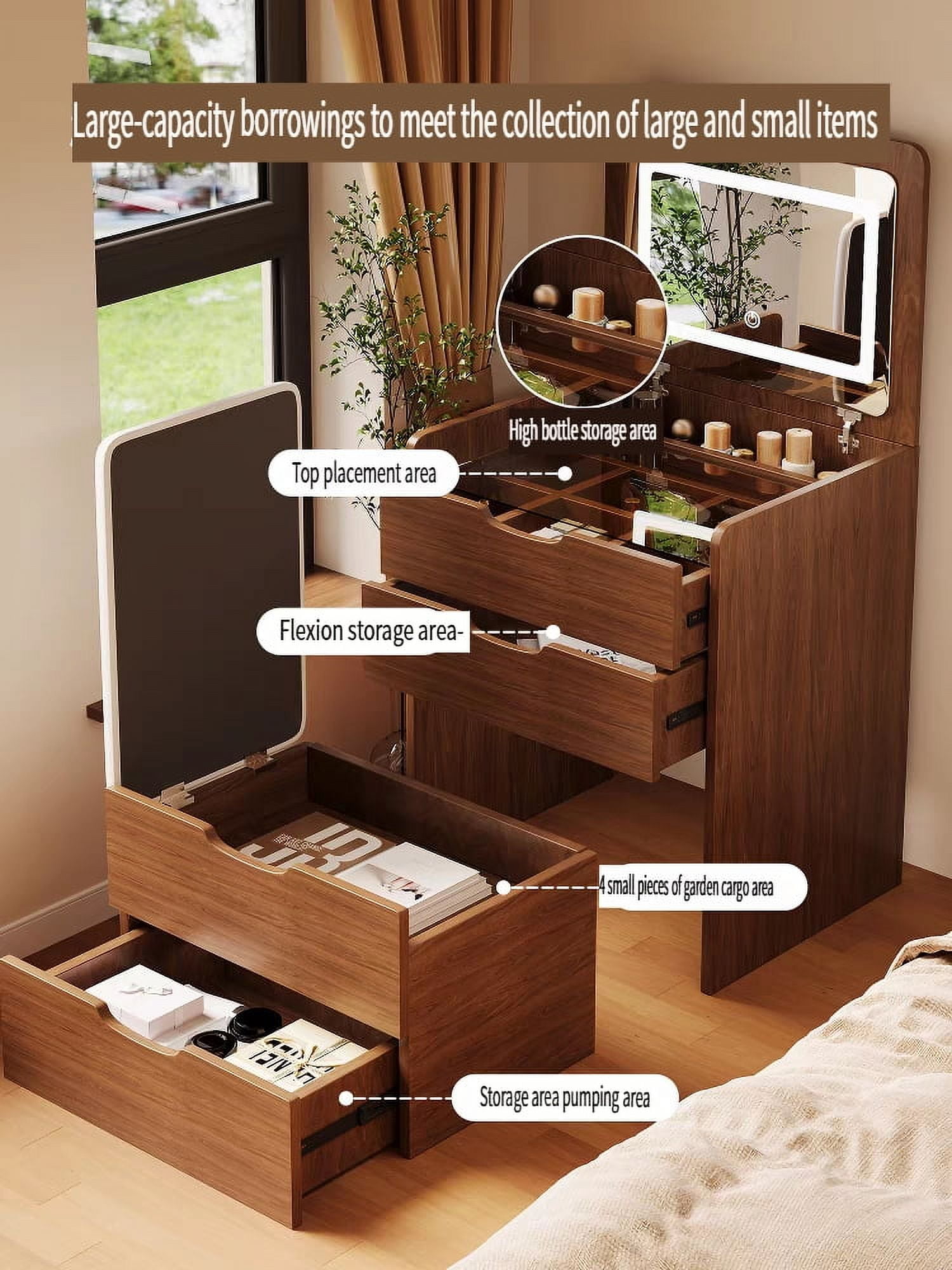 3 in 1 Vanity Desk with Plip Top Mirror,Small Make Up Vanity Set with Visible Glass Desktop, Compact Makeup Vanity with 3 Drawers, Dressing Table