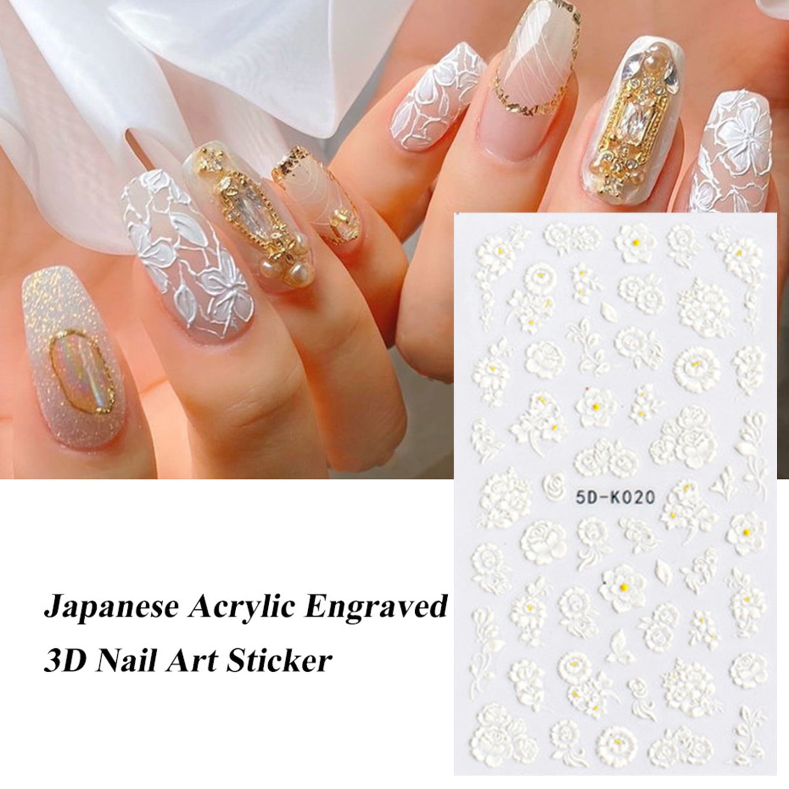 yolai 5d stereoscopic embossed flowers nail stickers decals, real 3d  self-adhesive nail supplies white lace rose flower nail design for diy  acrylic nail 