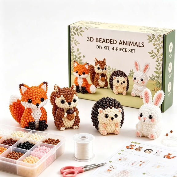 FHLFN717 Tiny 3D Beaded Animal DIY Kit, 4-Piece Handmade Beading Craft Set for Beginners, Cute Bead Art Mini Desk Decor Gift