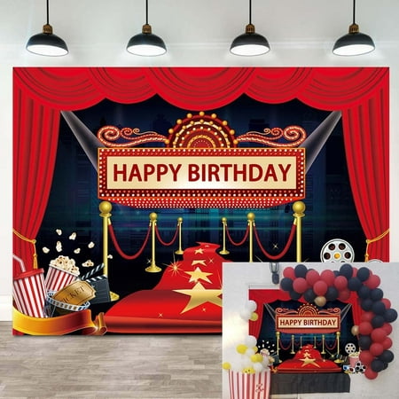 Image of Happy Birthday Backdrop Red Curtain Carpet Stage Popcorn Film Photography Background Awards Ceremony Adults Party Decoration Celebration Photo Shoot Props 7x5FT