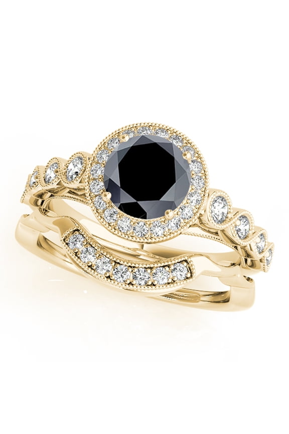 1.40 Ct Halo Black Diamond Engagement Rings - Bridal Set - 14K Gold