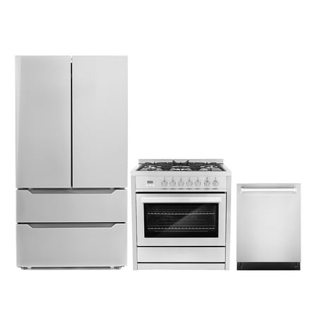 Cosmo 3 Piece Kitchen Appliance Packages with 36  Freestanding 220/240V Dual Fuel Range Kitchen Stove 24  Built-in Fully Integrated Dishwasher & French Door Refrigerator Kitchen Appliance Bundles