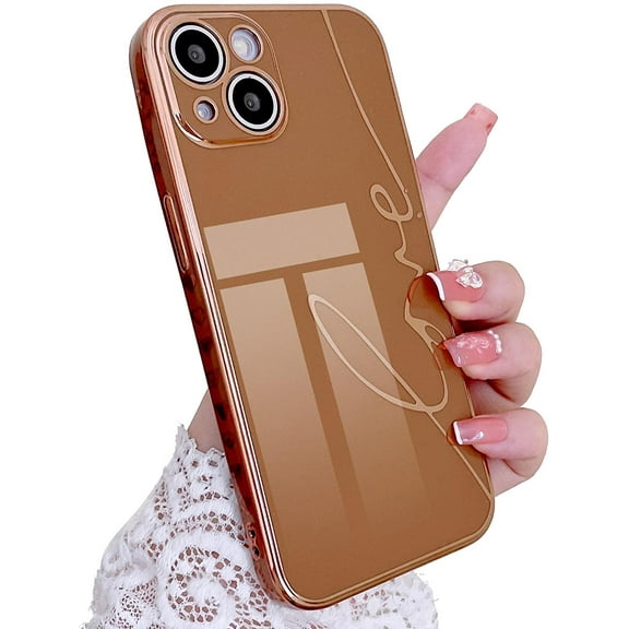 Compatible with iPhone 13 6.1 Inch Luxury Electroplated Case, Cute Plating Love Letter Graphic Phone Case for Women Girls Soft TPU Shockproof Camera Protective Back Cover - Brown