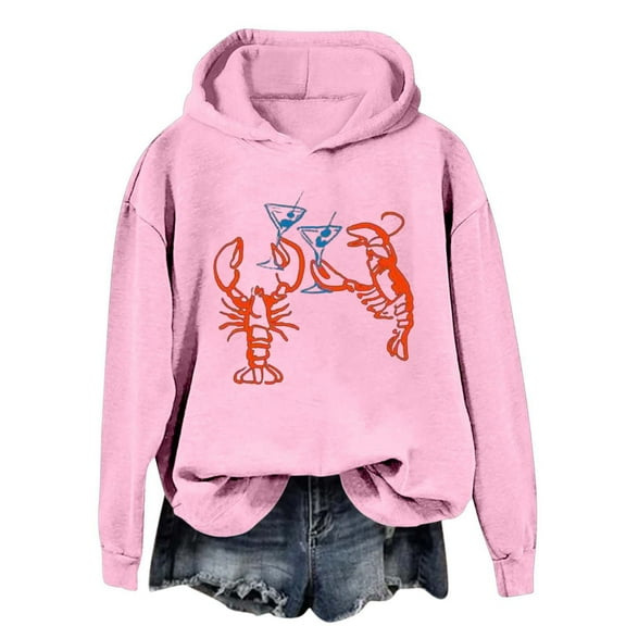 Wang6 Funny Graphic Hoodies for Womens Loose Fit Shrimp Pirinted Hooded Pullovers Sweatshirts Trendy Fall Long Sleeve V Neck Tops Pink XL