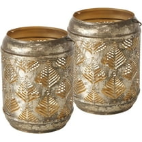 Leafy Metal Lattice Candle Lanterns, Set of 2, Antique Gold, Handcrafted, Iron, Distressed Finish, Gold Interior, Shabby Chic, 5.5 Inches