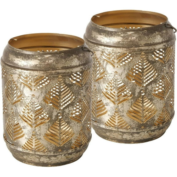 Leafy Metal Lattice Candle Lanterns, Set of 2, Antique Gold, Handcrafted, Iron, Distressed Finish, Gold Interior, Shabby Chic, 5.5 Inches
