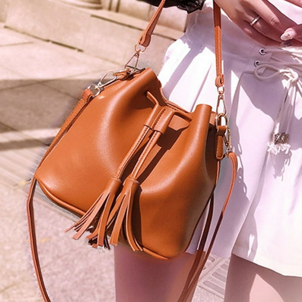 ziyahi Bucket Bag Faux Leather Tassel Drawstring Crossbody Pouch