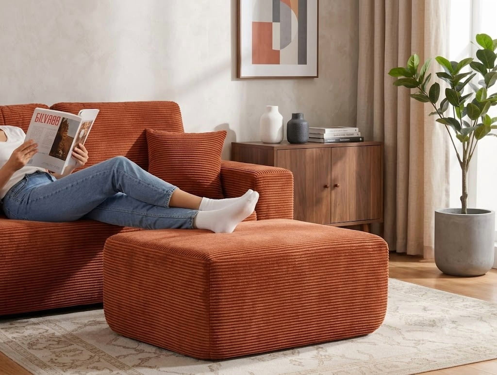 Howcool Oversized Corduroy Ottoman Bench for Living Room, Rectangle Plush Footrest Pouf, Extra Seating & Coffee Table for Sofa, Compressed Memory Foam, No Assembly Required, Orange