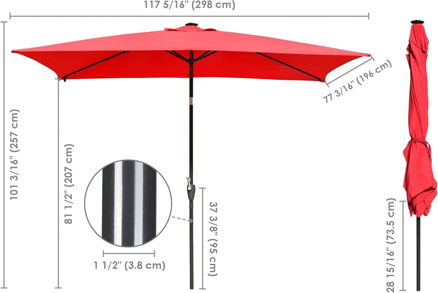 10x6.5 ft Outdoor Rectangle Solar Powered LED Patio Umbrella with Crank Tilt for Garden Backyard Table Market Pool, Red