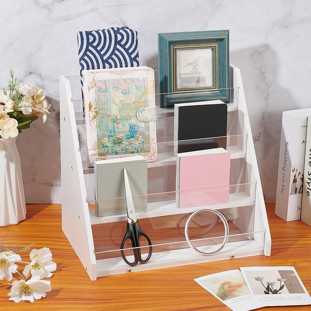 4-Tier Greeting Card Display Stands Bamboo Acrylic Display Case Postcard Rack Portable Sticker Display Stand Counter Retail Display Rack for Bookmark Counter Tabletop