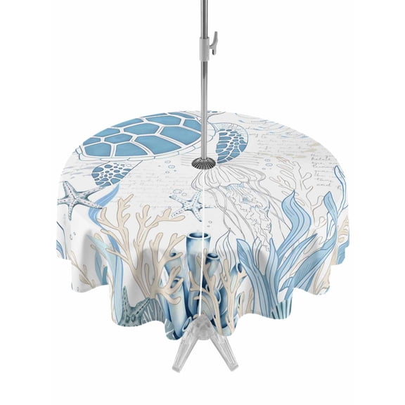 Outdoor Tablecloth with Umbrella Hole for Patio/Picnic/Party/Camping, Coastal Trutle Waterproof Table Cloth Round Cover Washable, Nautical Summer Beach Ocean Coral (Dia 54")