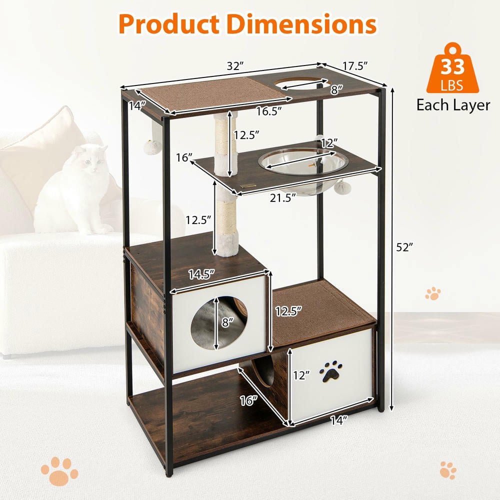 Resenkose 52-Inch Tall Wooden Cat Tree with Sturdy Metal Frame 2 Cozy Condos and Plush Cushions, Coffee​