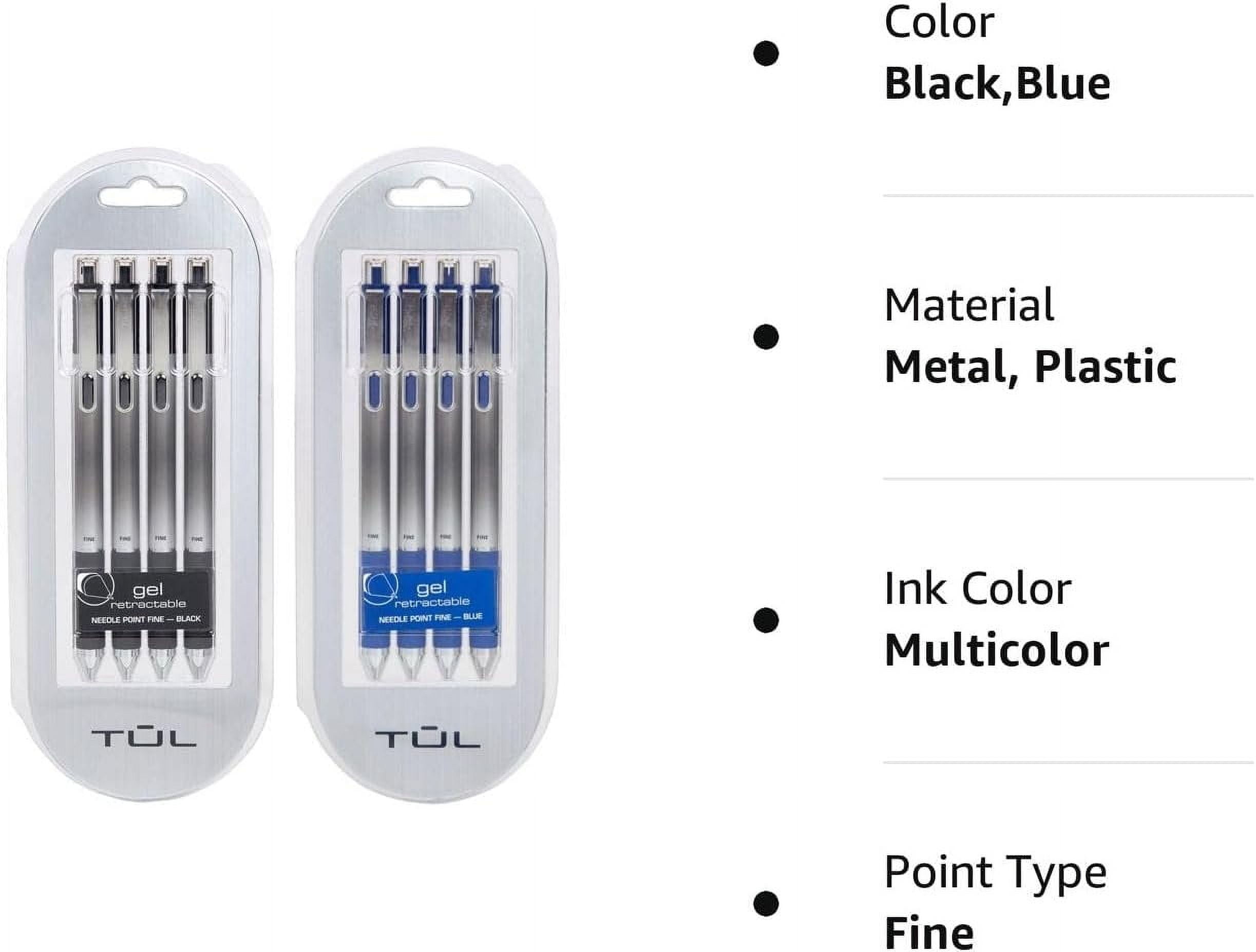TUL Retractable Gel Pens 0.5mm Needle Point Fine, Black/Blue Bundle 2 4-packs