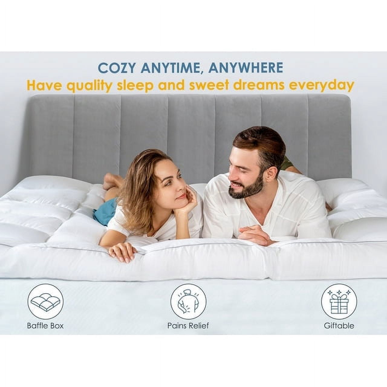 Queen Size Mattress Topper White Luxury Down Alternative Fiber, Pamyo Mattress Topper with Elastic band