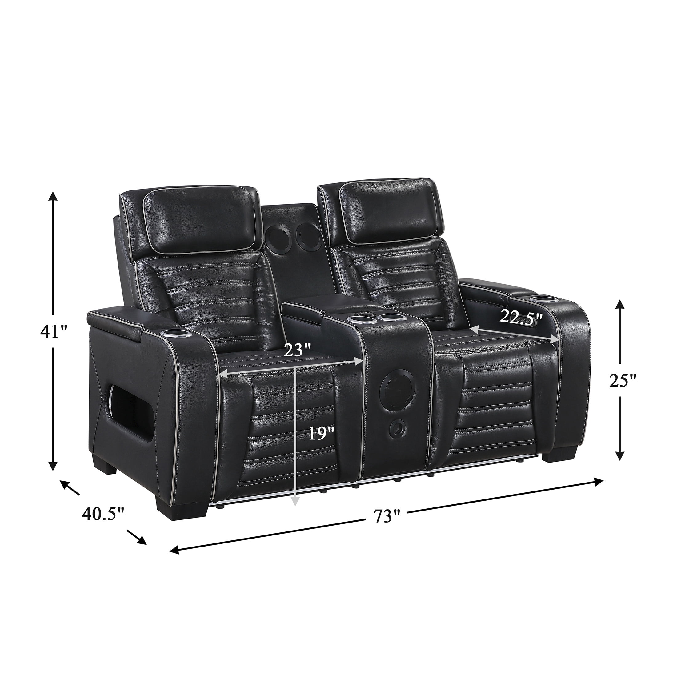OakvillePark Elantra Leather Match Power Double Reclining Love Seat with Center Console/Power Headrests/Storage Arms/Cup Holders/Wireless speakers/Air Massage/Heat/LED Lighting/Charging Ports, Black
