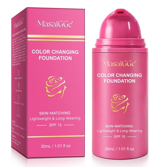 MasaiGGe Color Changing Foundation, Skin-Matching Lightweight Liquid Foundation, Long-Wear Face Makeup with SPF 15, 30 mL (1.01 fl oz)