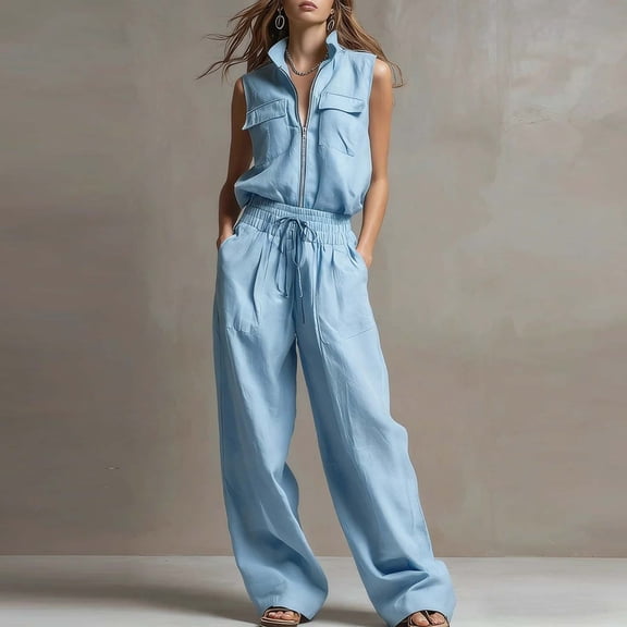 Women's Casual 2 Piece Outfits Sleeveless Zip Up Top and High Waisted Wide Leg Pants Set Summer Streetwear, Nylon, | VerBelle,Blue L