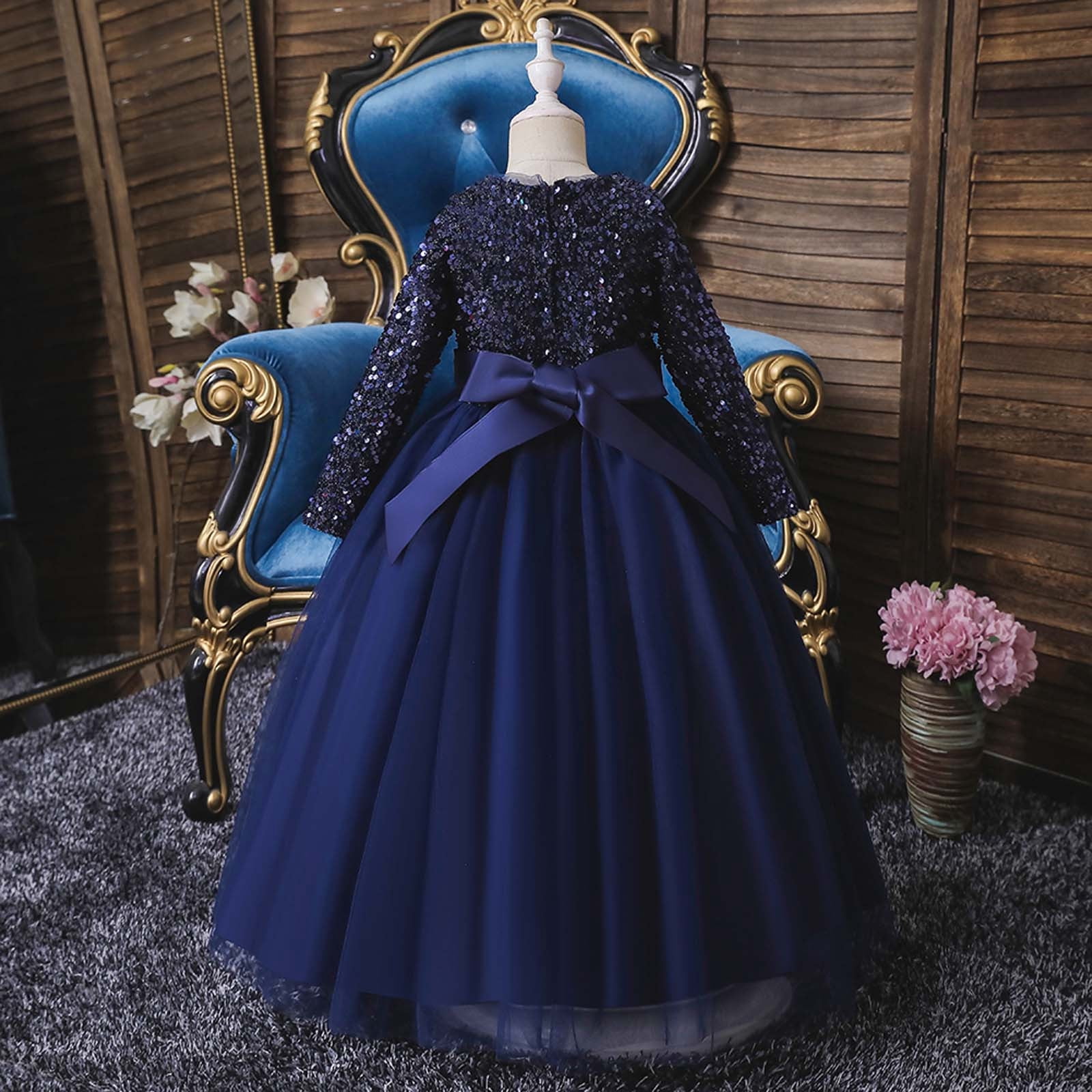 Odeerbi Children Dress Girl Long Sleeve Girl Princess Dress Long Sequin Dress Dress