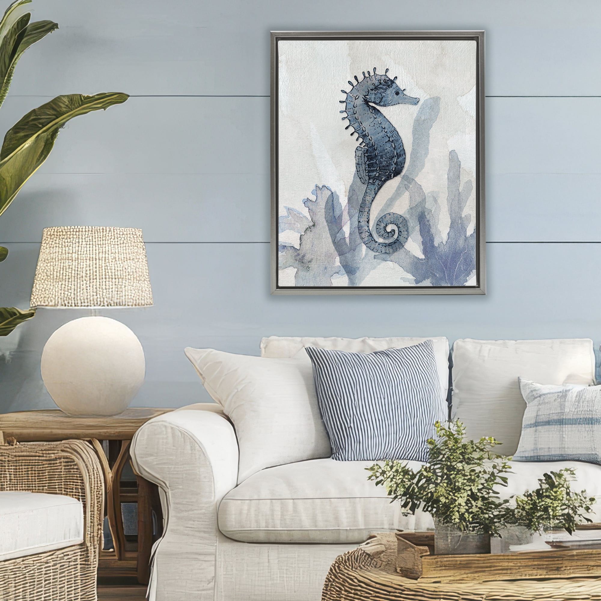 Stupell Industries Seahorse & Seaweed Impressions Gray Framed Floater Canvas Wall Art, design by Susan Jill