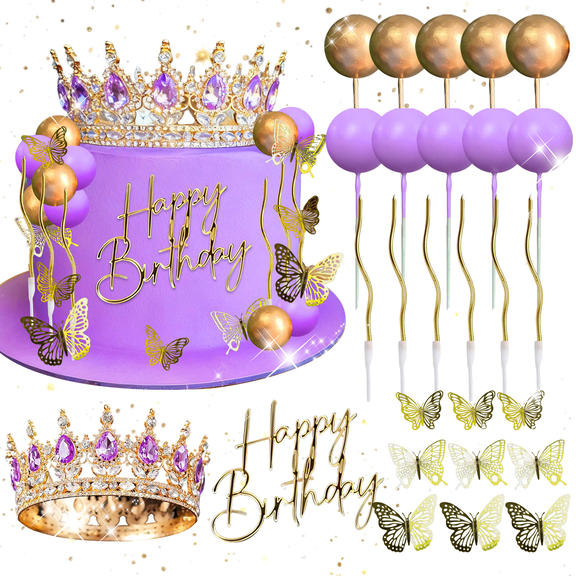 Purple Crown Cake Decorations Set - Luxury Queen Theme Gold & Purple Party Decor for Birthday Anniversary