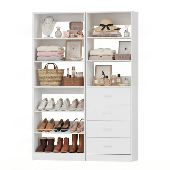 iSunirm Walk-in Closet Organizer System Set of 2, 46.3'' Wide Closet System with 4 Drawers and Adjustable Shelves, White