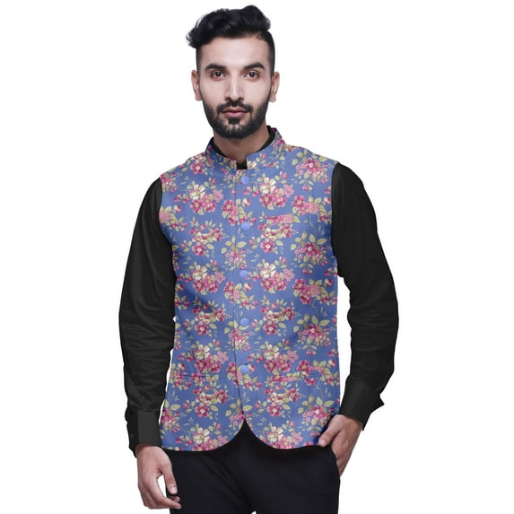 Atasi Floral Marriage Ethnic Coat For Men Printed Nehru Jacket Mens Bandhgala Casual Vest Jacket-X-Large