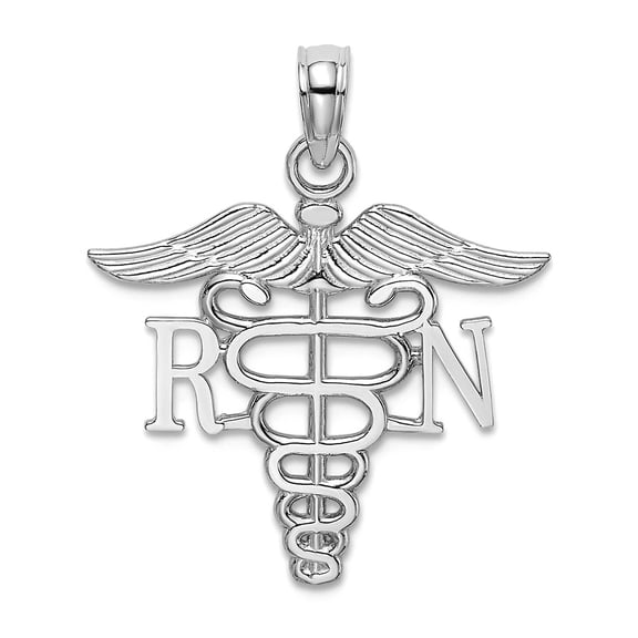 10k White Gold RN Caduceus Pendant Necklace 25x21mm Wide Pendant for Women - .8 Grams