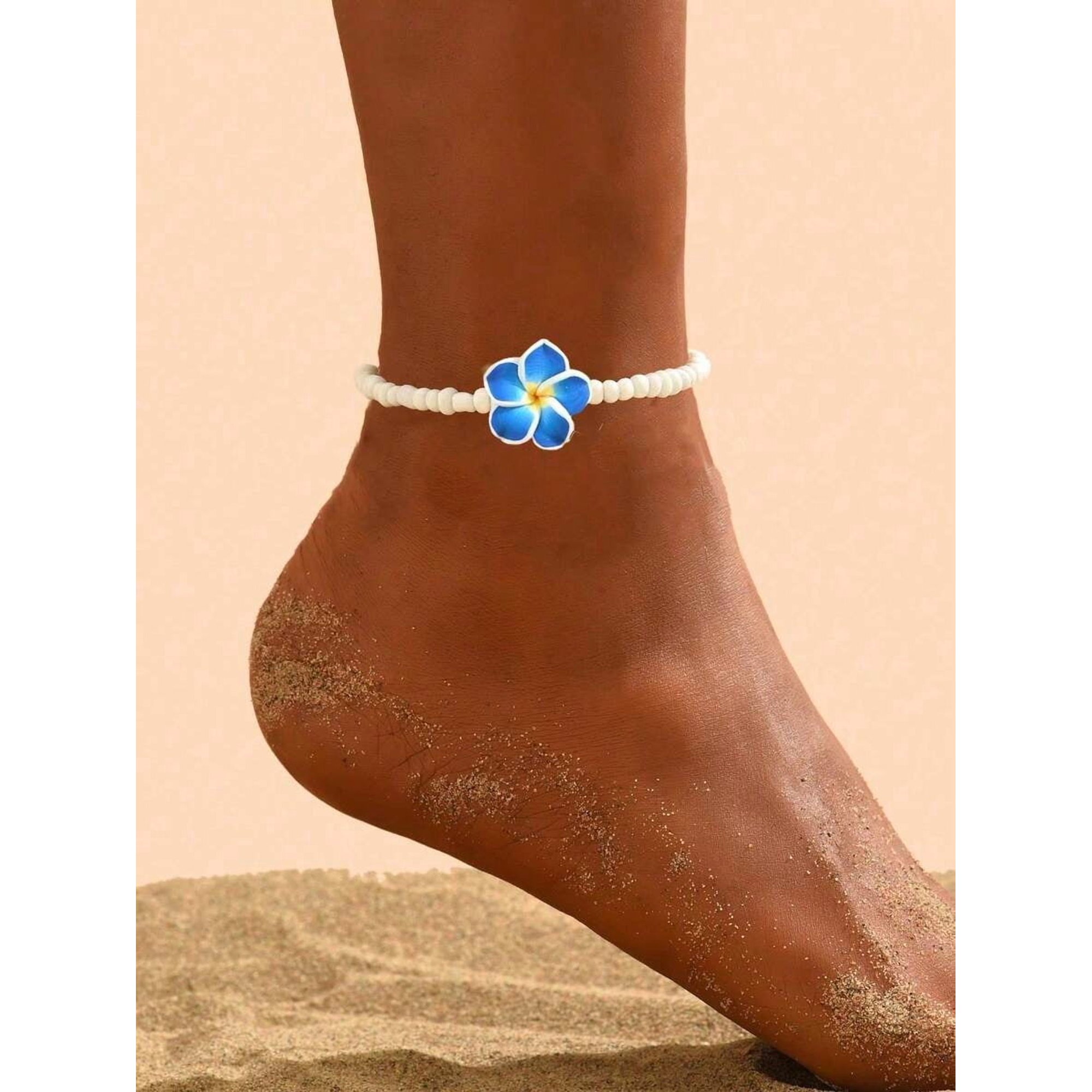 Blue Beaded Plumeria Flower Anklet With Lobster Claw Clasp For Women