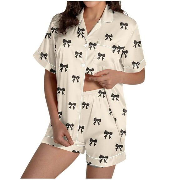 Cavosen Cozy Pajamas for Women Notch CollarShort Sleeve Button Down Pajama Set Bow Loungewear Soft Sleepwear with Pocket