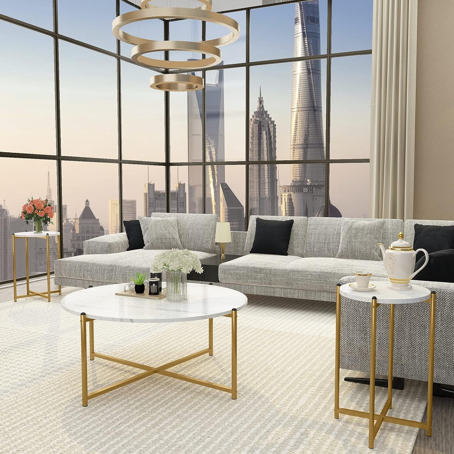 Cvortll Coffee Table Set of 3, Round Faux Marble Top with Cross Metal Frame, Modern Living Room Table for Apartment （White & Gold）