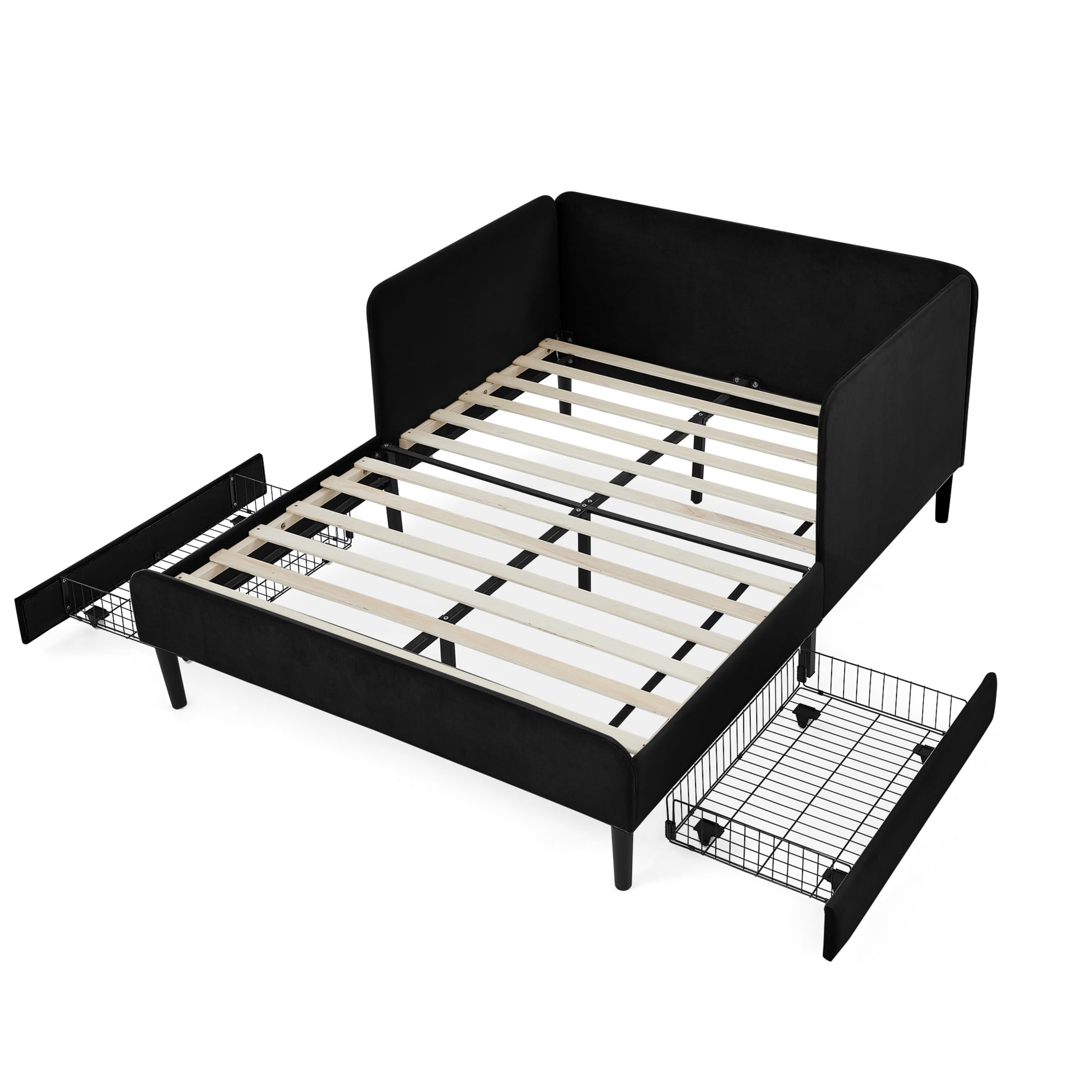 Noble House Haylie Full Size Velvet Upholstered Daybed with Storage Drawers, Adjustable Daybed Sleeper Sofa, Black