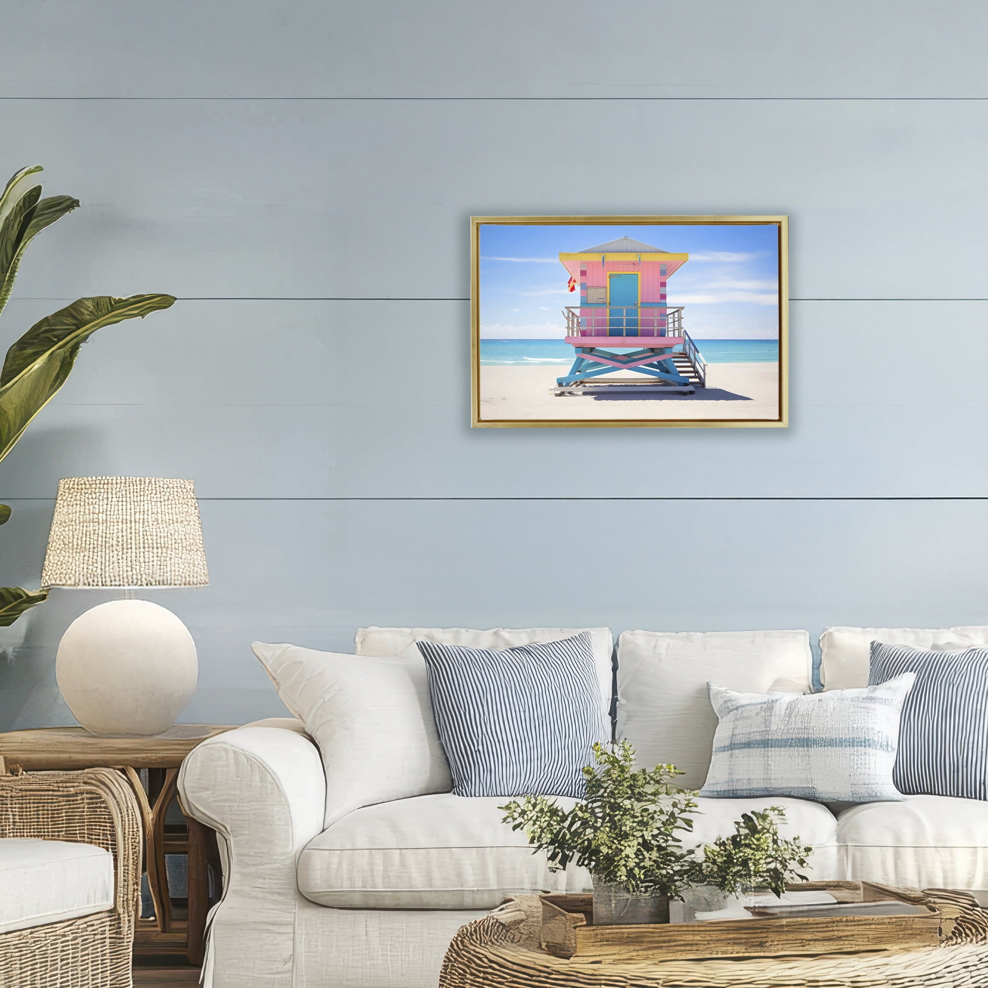 Stupell Industries Pastel Lifeguard Hut on Beach Gold Framed Floater Canvas Wall Art, design by Creative Studio